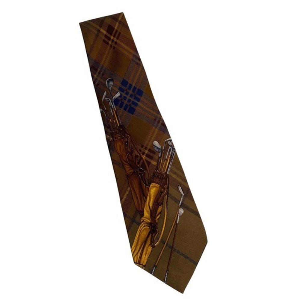 Polo Ralph Lauren Mens Silk Tie Brown Plaid Golf Bag Clubs Made in USA Hand Made